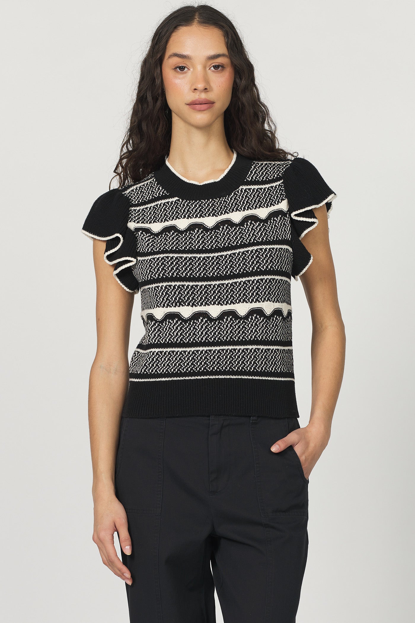 Sale Bethany Ruffle Sleeve Stripe Sweater Black