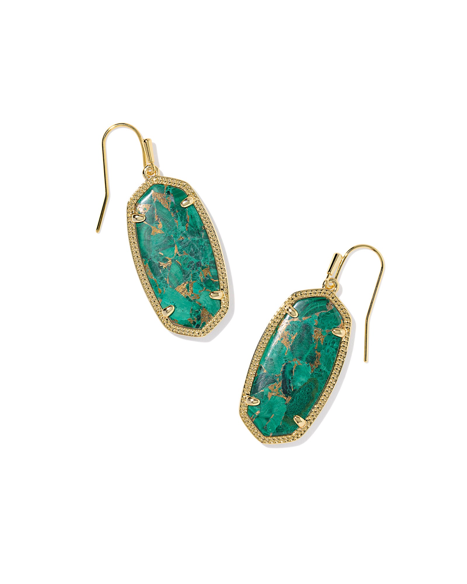 Elle Gold Drop Earrings Dark Green Bronze Veined Malachite
