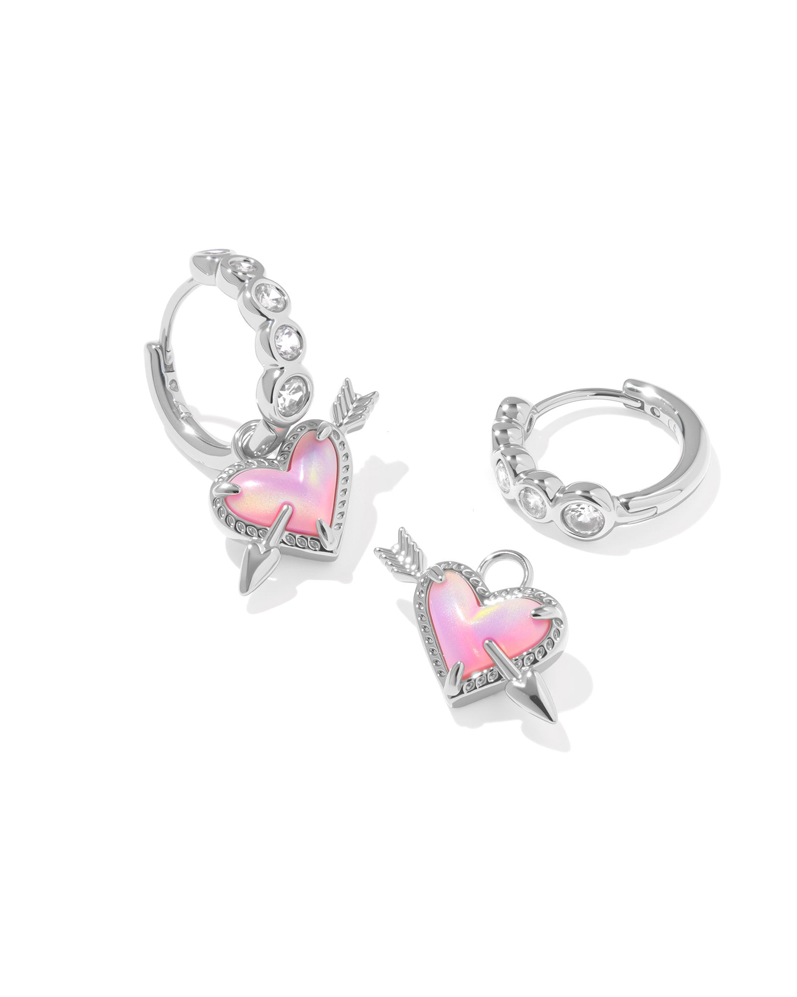 Ari Heart Arrow Silver Huggie Earring Pink Opalescent Resin