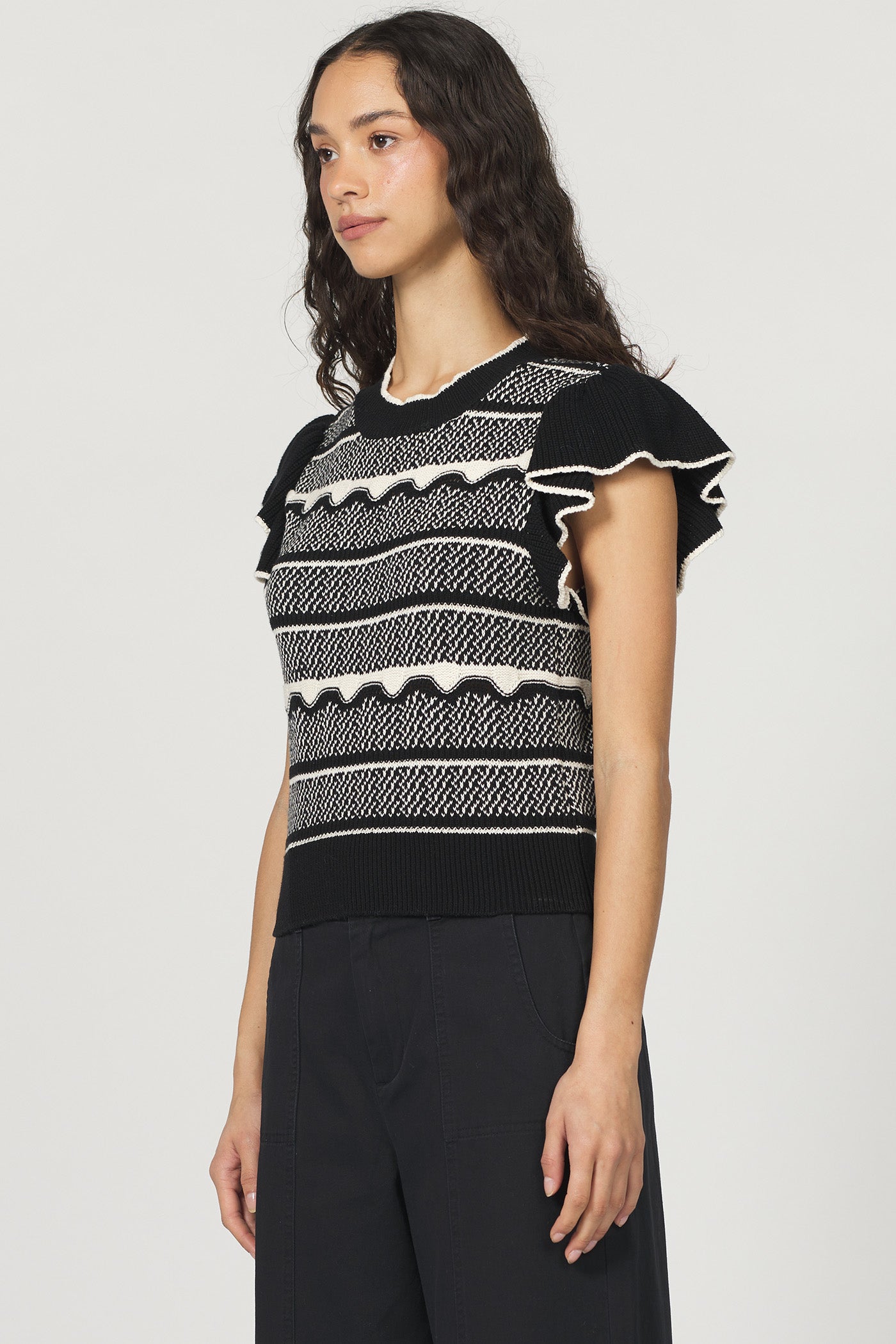 Sale Bethany Ruffle Sleeve Stripe Sweater Black