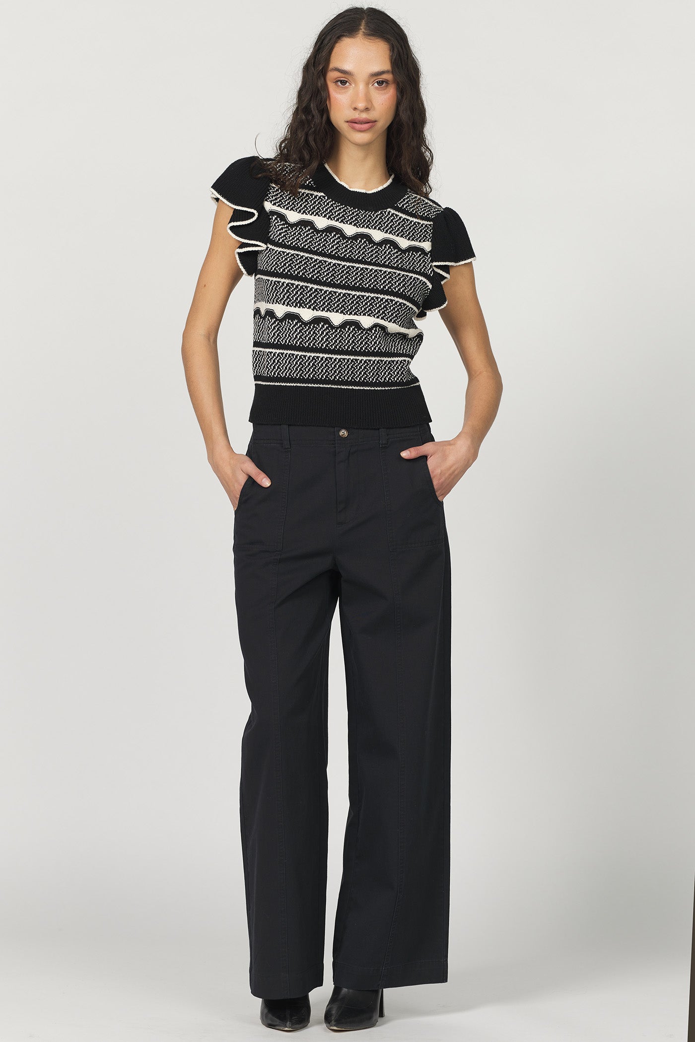 Sale Bethany Ruffle Sleeve Stripe Sweater Black