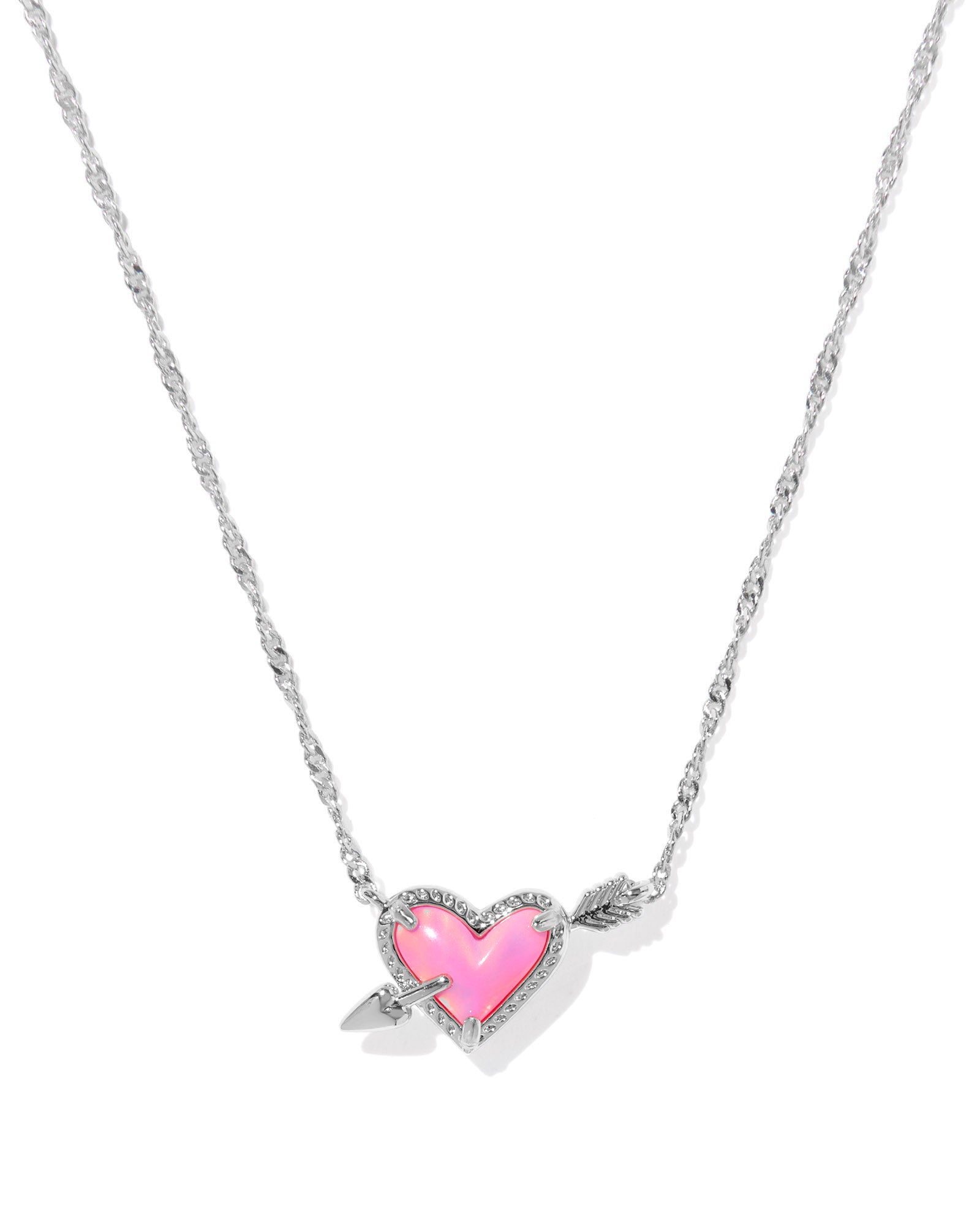 Ari Heart Arrow Silver Short Pendant Necklace Pink Opalescent Resin
