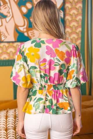 Voy Tops - Blouse Half Zip V-Neck Floral Peplum Top