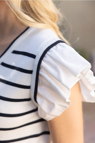 Voy Tops - Blouse Striped Short Ruffle Sleeved Knit Top