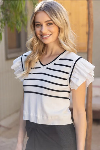 Voy Tops - Blouse Striped Short Ruffle Sleeved Knit Top