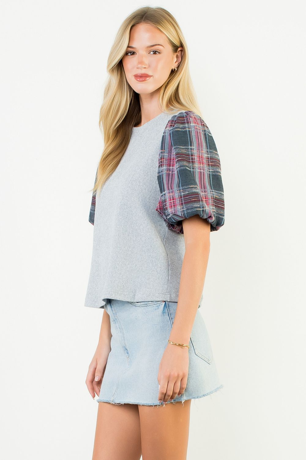Sale Plaid Puff Sleeve Mixed Media Top