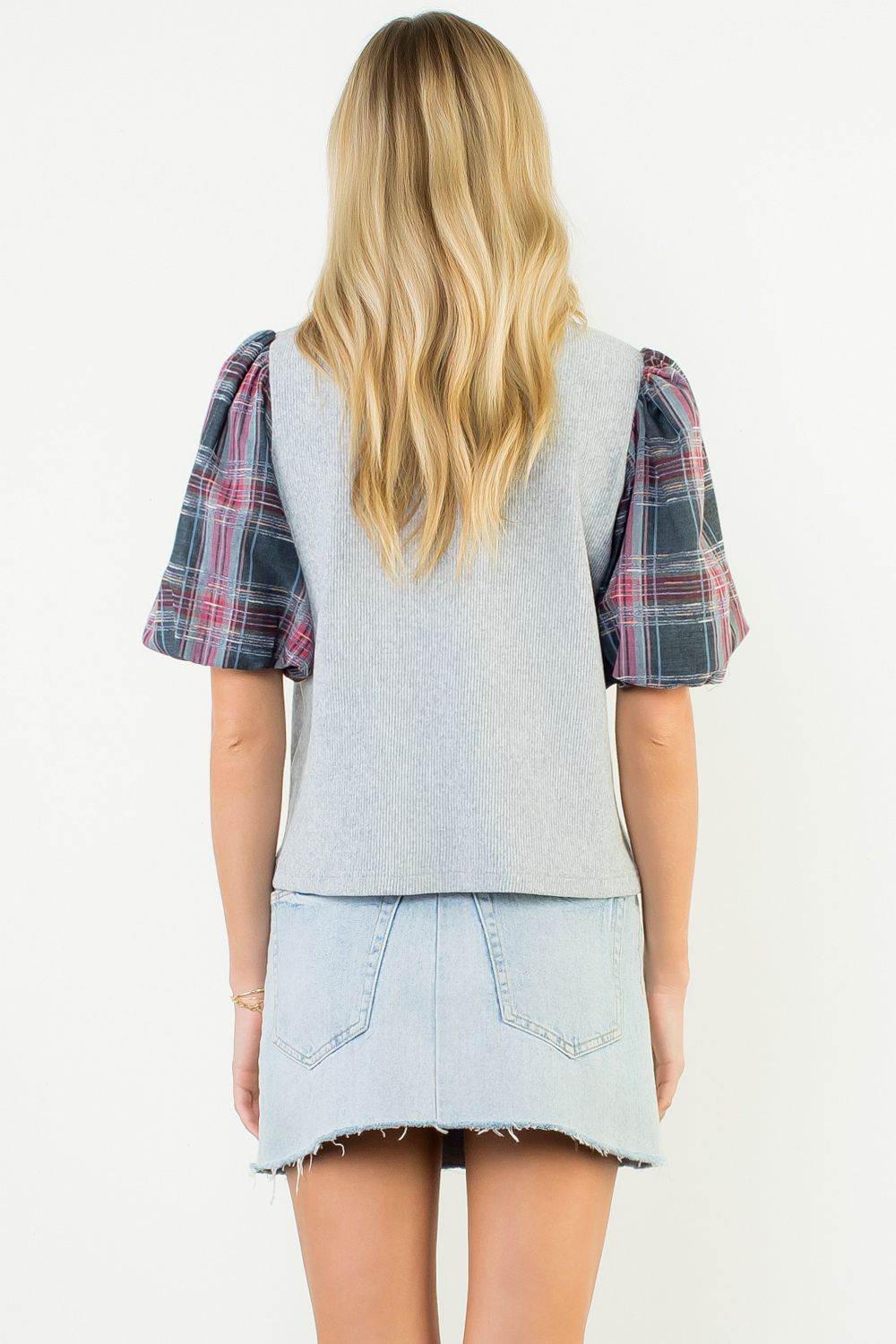 Sale Plaid Puff Sleeve Mixed Media Top