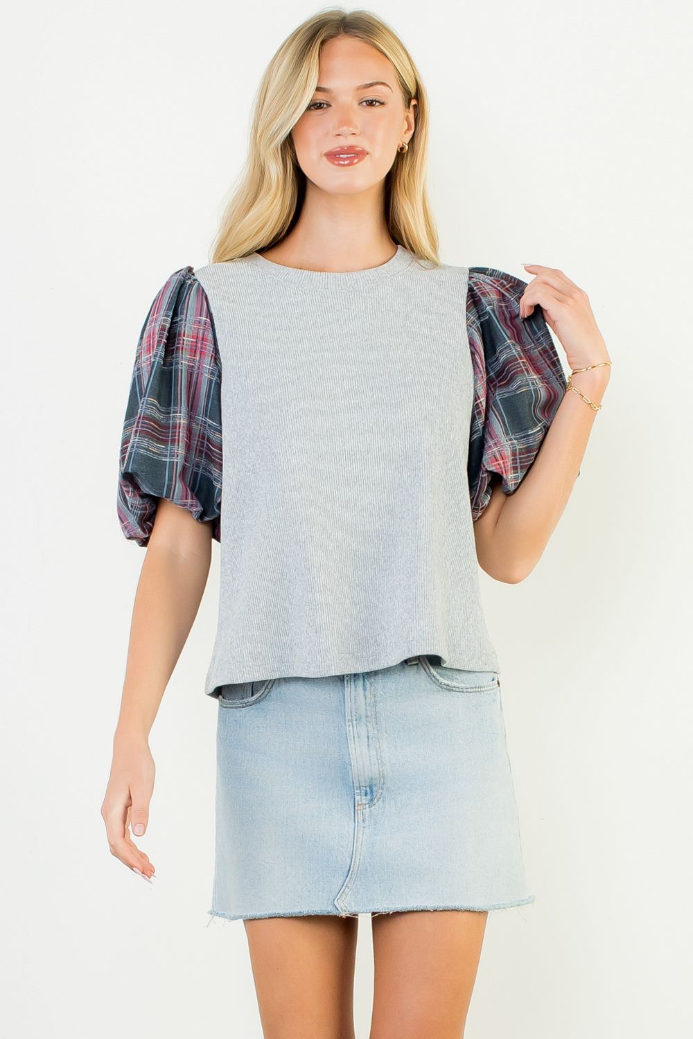 Sale Plaid Puff Sleeve Mixed Media Top