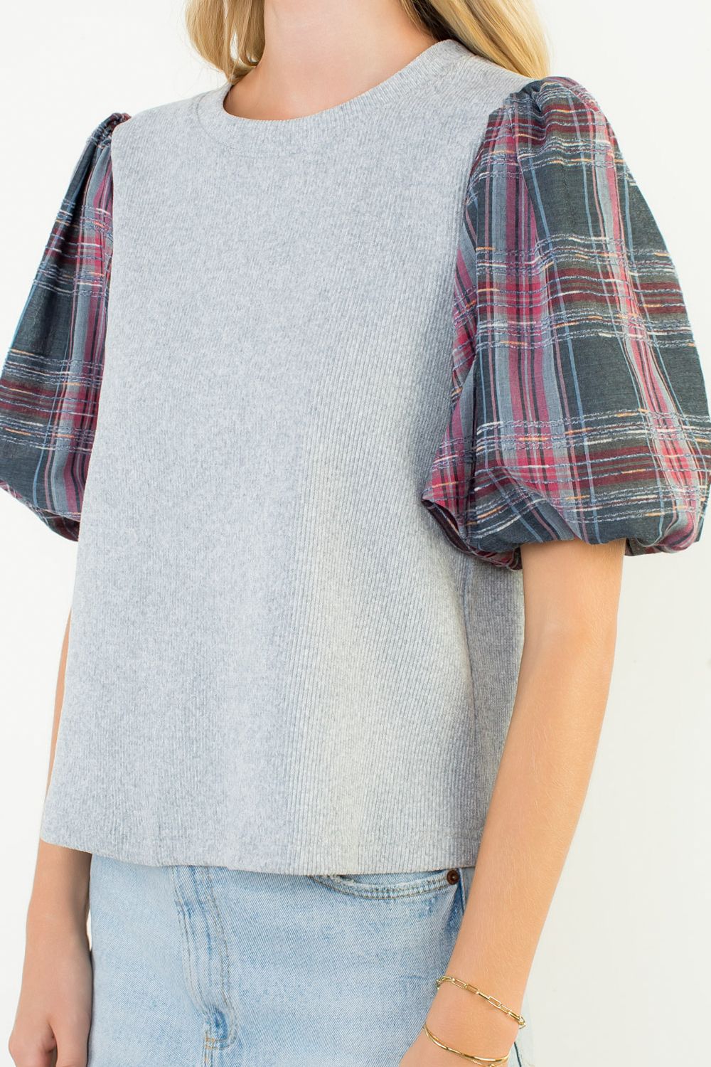 Sale Plaid Puff Sleeve Mixed Media Top