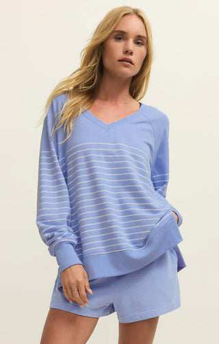 Z Supply Tops - Sweatshirt Xsm V-Neck Striped Weekender Barcelona Blue