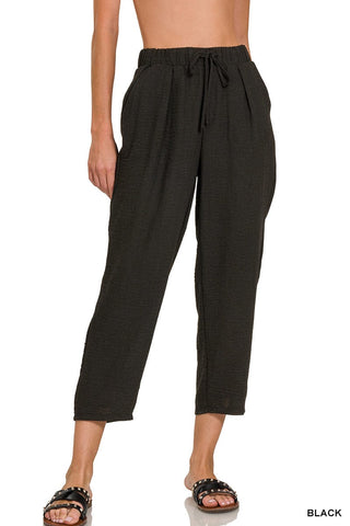 Zenana Bottoms - Pants Sm Woven Crepe Drawstring Elastic Band Pants