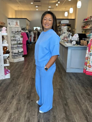 Zenana Loungewear- Sleepwear Ribbed Round Neck Tee and Pant Set Cornflower Blue