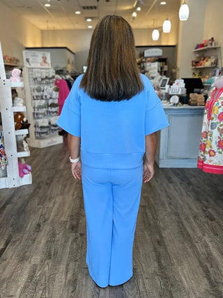Zenana Loungewear- Sleepwear Ribbed Round Neck Tee and Pant Set Cornflower Blue