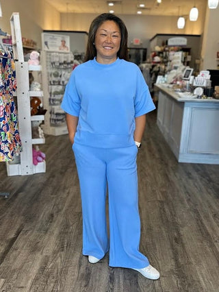 Zenana Loungewear- Sleepwear Ribbed Round Neck Tee and Pant Set Cornflower Blue