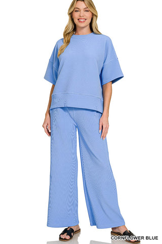 Zenana Loungewear- Sleepwear Sm Ribbed Round Neck Tee and Pant Set Cornflower Blue
