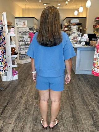 Zenana Sets Ribbed Round Neck Tee and Short Set Dusty Blue