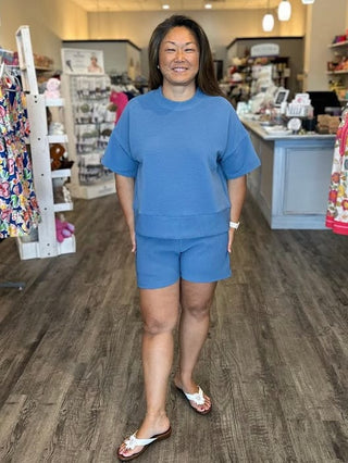 Zenana Sets Ribbed Round Neck Tee and Short Set Dusty Blue
