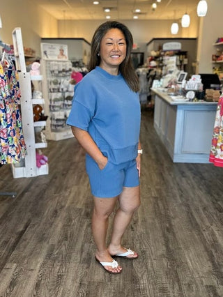 Zenana Sets Ribbed Round Neck Tee and Short Set Dusty Blue