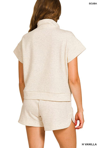 Zenana Sets Scuba High Neck Half Zip Top & Shorts Set Heather Grey