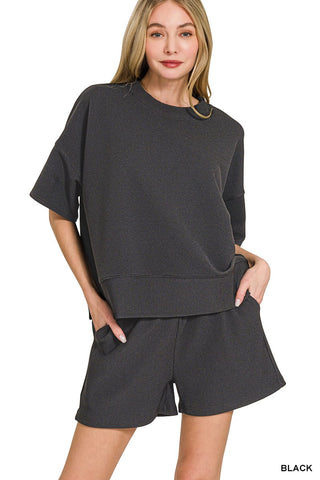Zenana Sets Sm Ribbed Round Neck Tee and Short Set Black