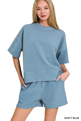 Zenana Sets Sm Ribbed Round Neck Tee and Short Set Dusty Blue