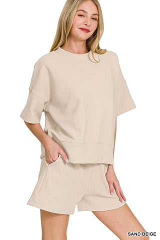 Zenana Sets Sm Ribbed Round Neck Tee and Short Set Sand Beige