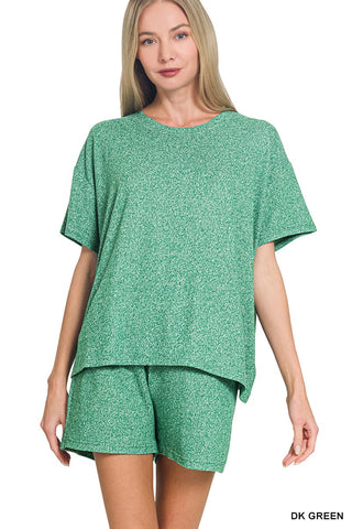 Zenana Sets Sm Soft Mélange Short Sleeve Tee & Shorts Set Dark Green