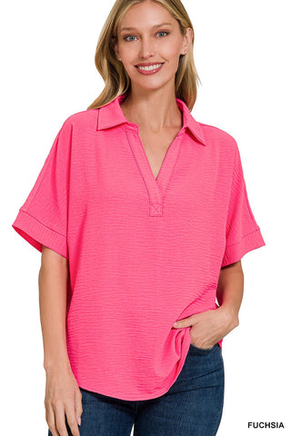 Zenana Tops - Blouse Sm Woven Collared V-Neck Short Sleeve Top Fuchsia