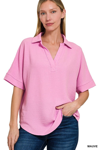 Zenana Tops - Blouse Sm Woven Collared V-Neck Short Sleeve Top Mauve