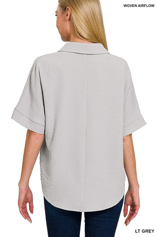 Zenana Tops - Blouse Woven Collared V-Neck Short Sleeve Top Dusty Blue
