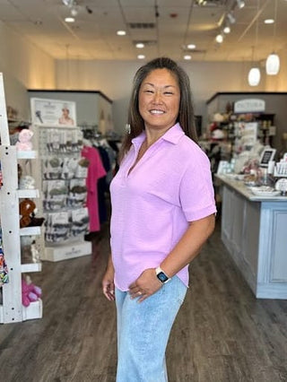 Zenana Tops - Blouse Woven Collared V-Neck Short Sleeve Top Mauve