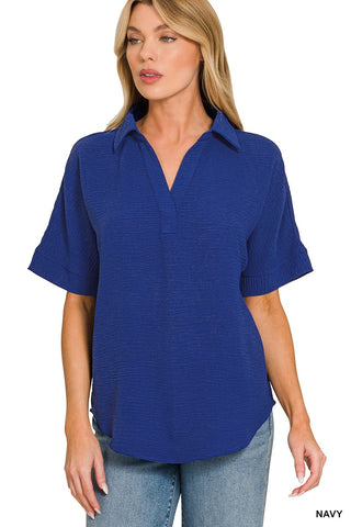 Zenana Tops - Blouse Woven Collared V-Neck Short Sleeve Top Navy
