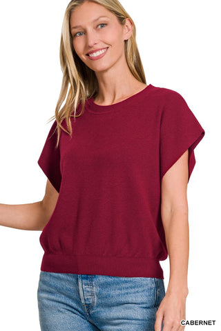 Zenana Tops - Sweaters Sm Viscose Round Neck Short Dolman Sleeve Sweater Cabernet