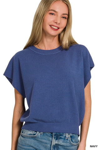 Zenana Tops - Sweaters Sm Viscose Round Neck Short Dolman Sleeve Sweater Navy