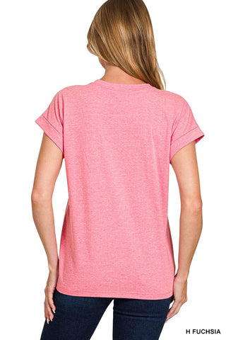 Zenana Tops - T-Shirts Cotton Folded Sleeve T-Shirt Brown