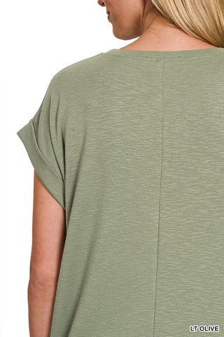 Zenana Tops - T-Shirts Cotton Modal Slub Rolled Short Sleeve Top Deep Sky