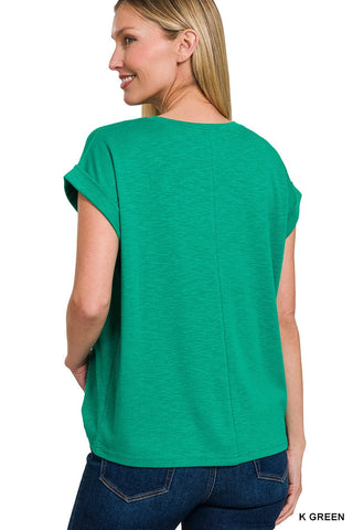 Zenana Tops - T-Shirts Modal Slub Rolled Short Sleeve Top Kelly Green