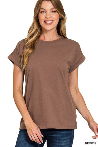 Zenana Tops - T-Shirts Sm Cotton Folded Sleeve T-Shirt Brown