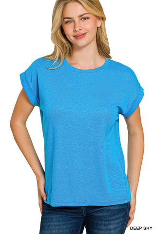 Zenana Tops - T-Shirts Sm Cotton Modal Slub Rolled Short Sleeve Top Deep Sky