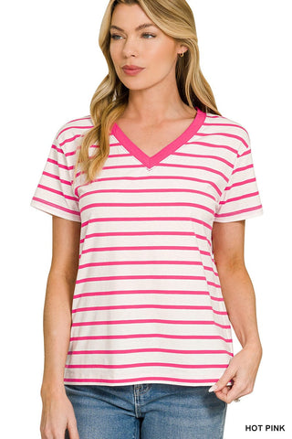 Zenana Tops - T-Shirts Striped V-Neck T-Shirt Hot Pink