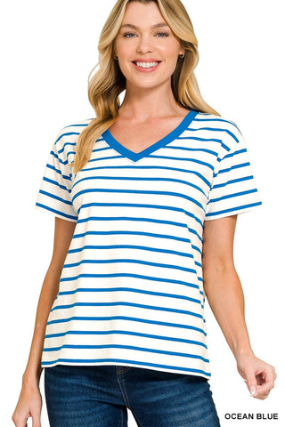Zenana Tops - T-Shirts Sm Striped V-Neck T-Shirt Ocean Blue