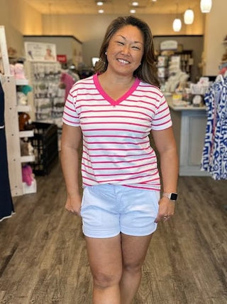 Zenana Tops - T-Shirts Striped V-Neck T-Shirt Hot Pink