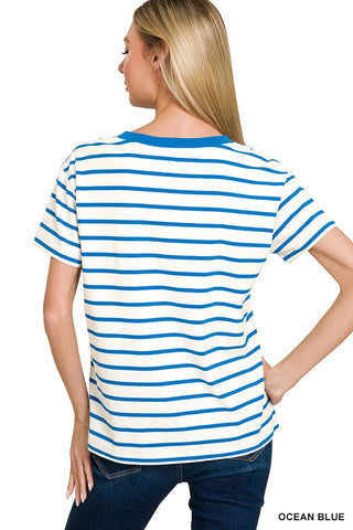 Zenana Tops - T-Shirts Striped V-Neck T-Shirt Ocean Blue